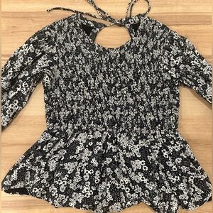 Faithfull the Brand Linen Smocked Keyhole Back Long Sleeve Blouse - Black Floral